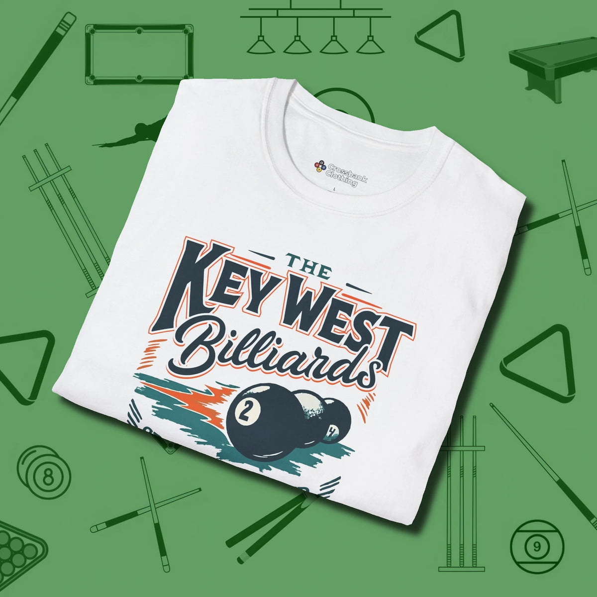 Key West Billiards T-Shirt, folded view, in White styled to dominate from rack to run-out