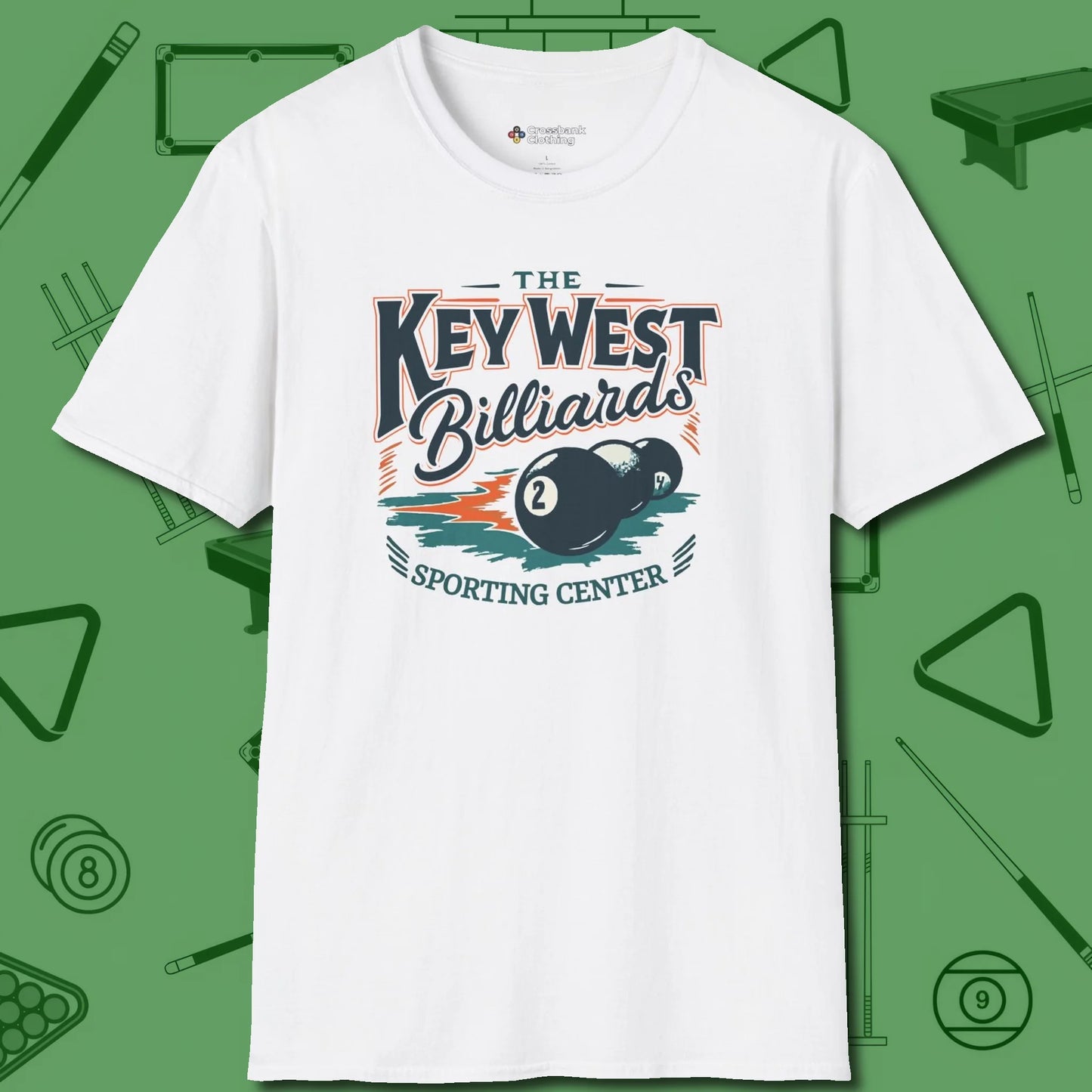 Key West Billiards T-Shirt, front view, in White cue up respect every time you wear it