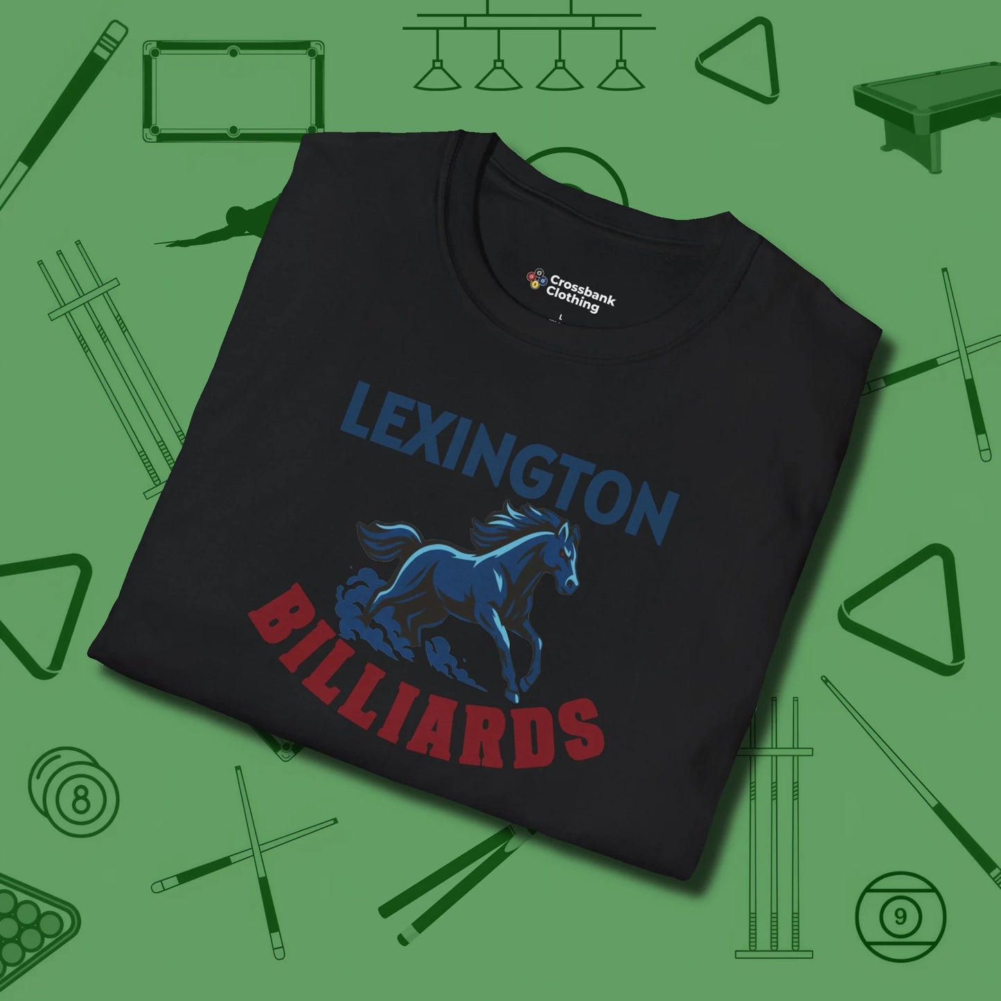 Lexington Billiards Horse T-Shirt, folded view, in Black your go-to shirt for league night victories