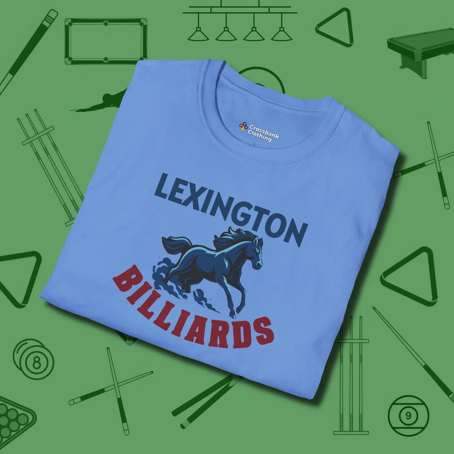 Lexington Billiards Horse T-Shirt, folded view, in Carolina Blue dress for the shot you want to take