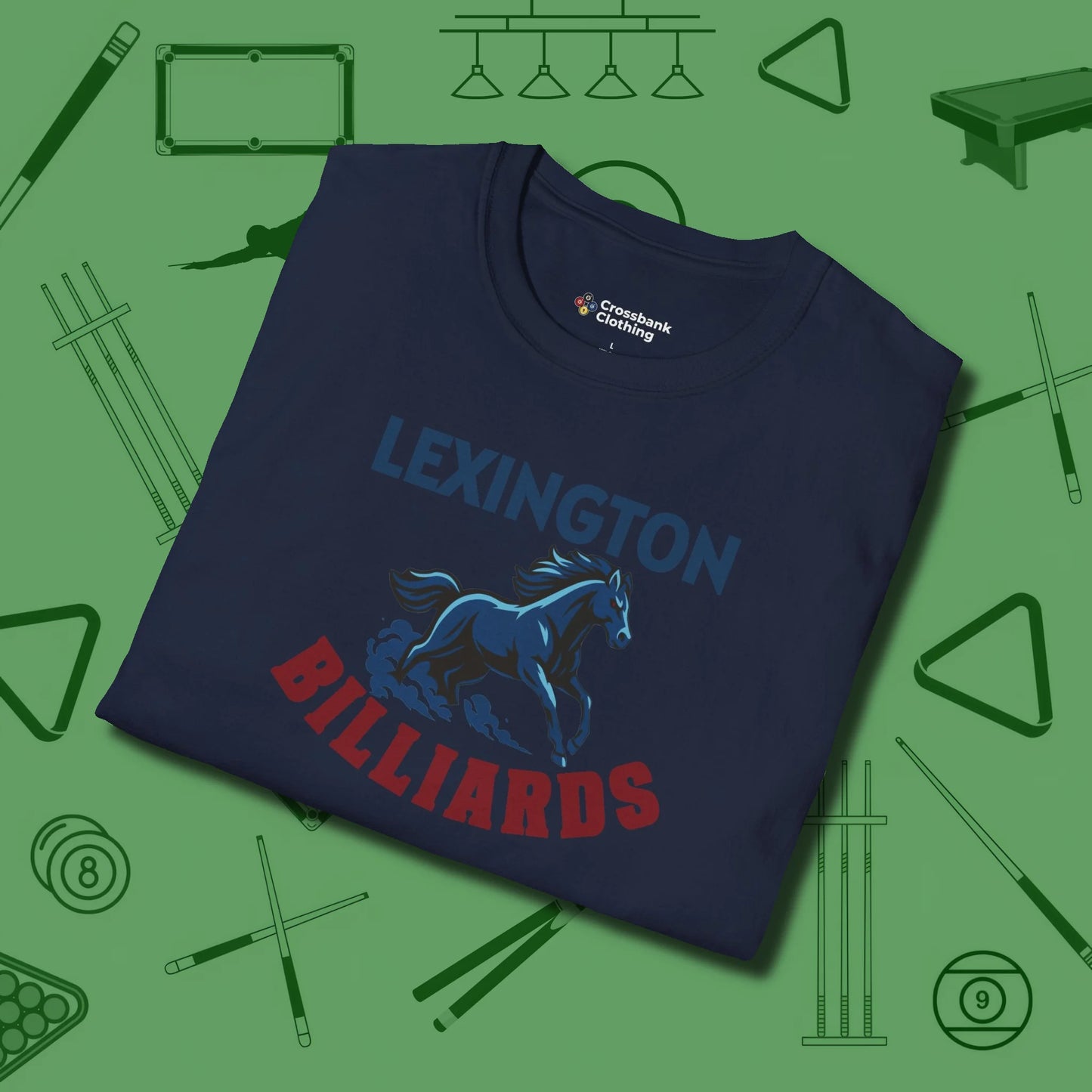 Lexington Billiards Horse T-Shirt, folded view, in Navy play in style, win in silence