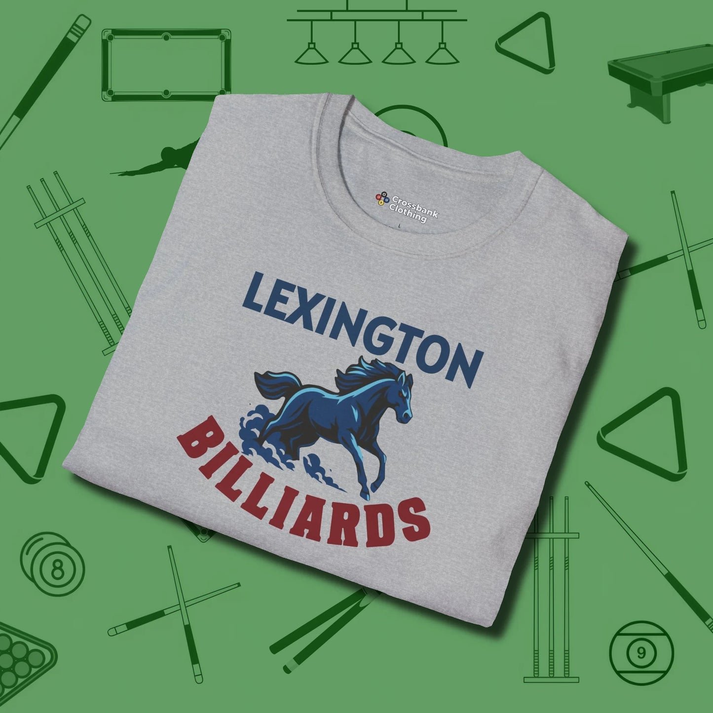 Lexington Billiards Horse T-Shirt, folded view, in Sport Grey because pool isn’t just a game — it’s who you are
