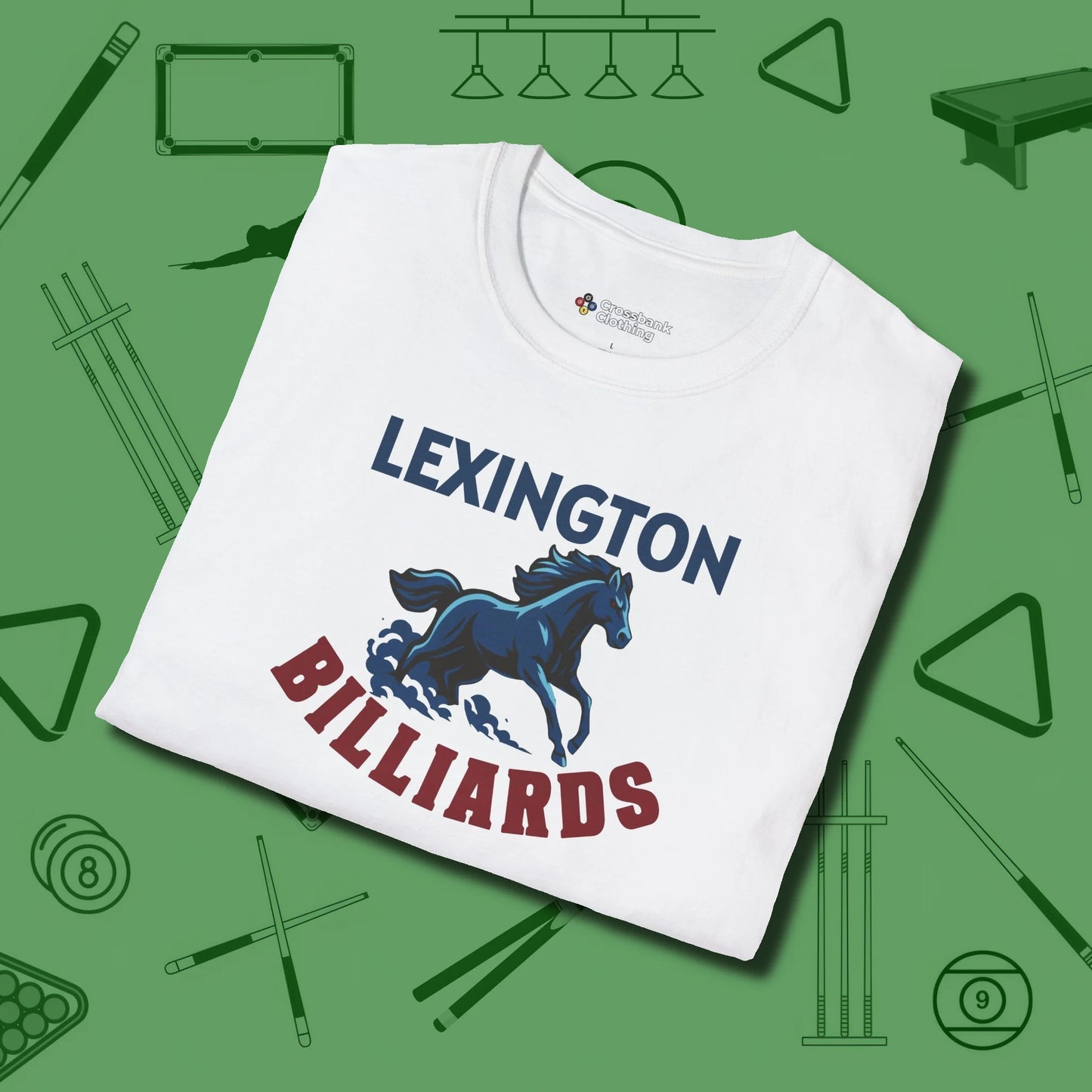 Lexington Billiards Horse T-Shirt, folded view, in White from chalk to clutch, look the part