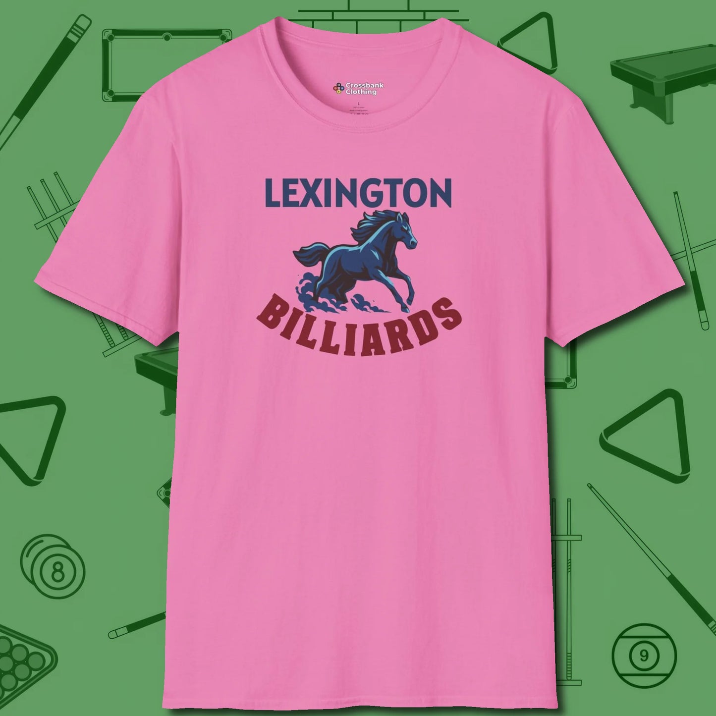 Lexington Billiards Horse T-Shirt, front view, in Azalea because the table is your battlefield
