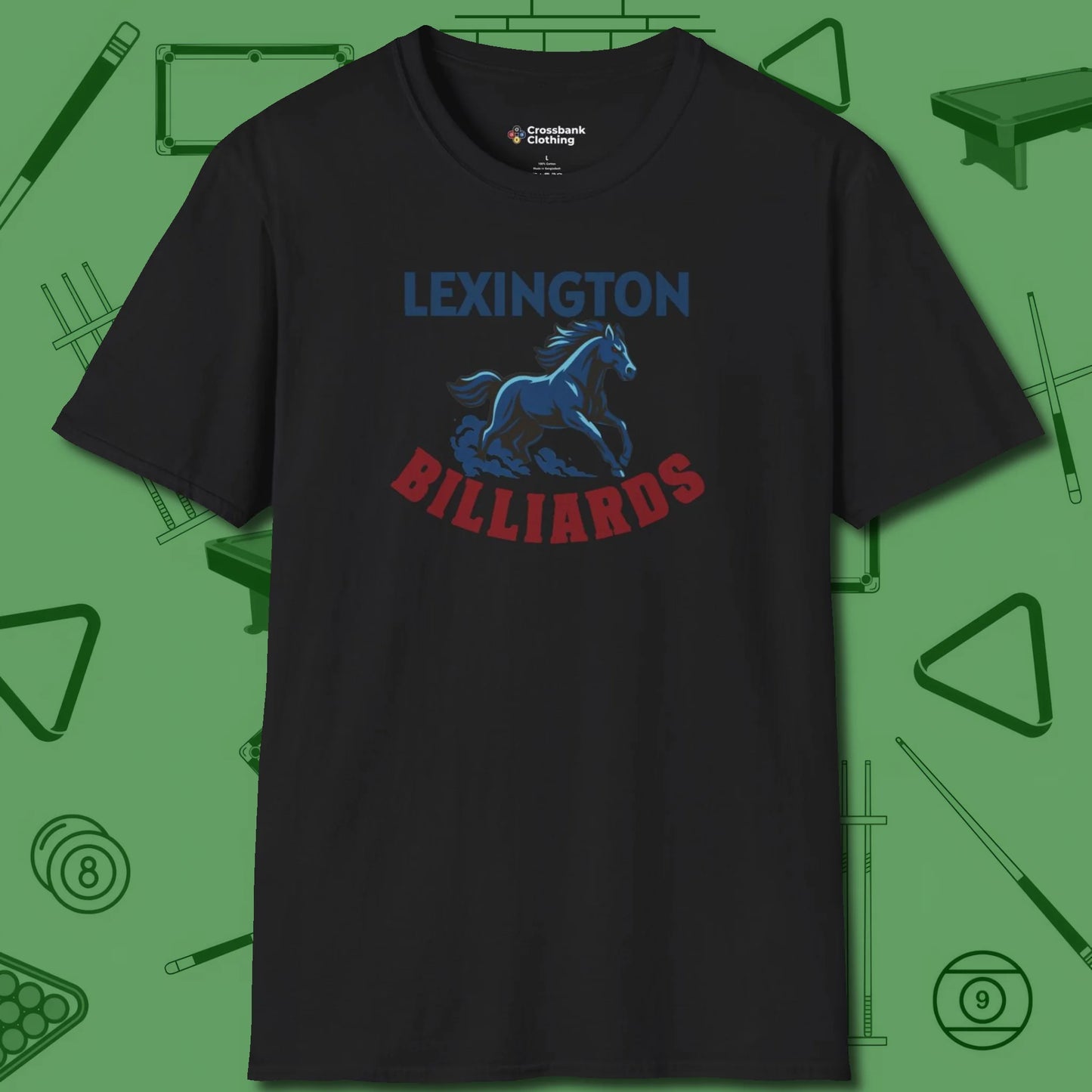 Lexington Billiards Horse T-Shirt, front view, in Black table-tested, street-approved style