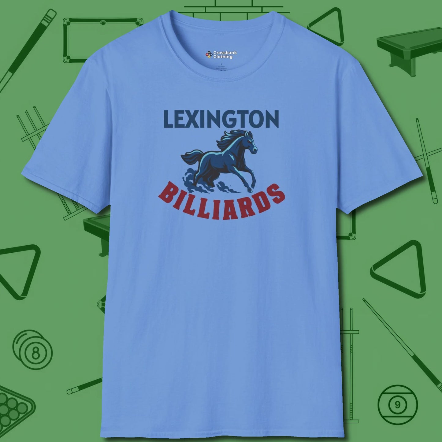 Lexington Billiards Horse T-Shirt, front view, in Carolina Blue play in style, win in silence