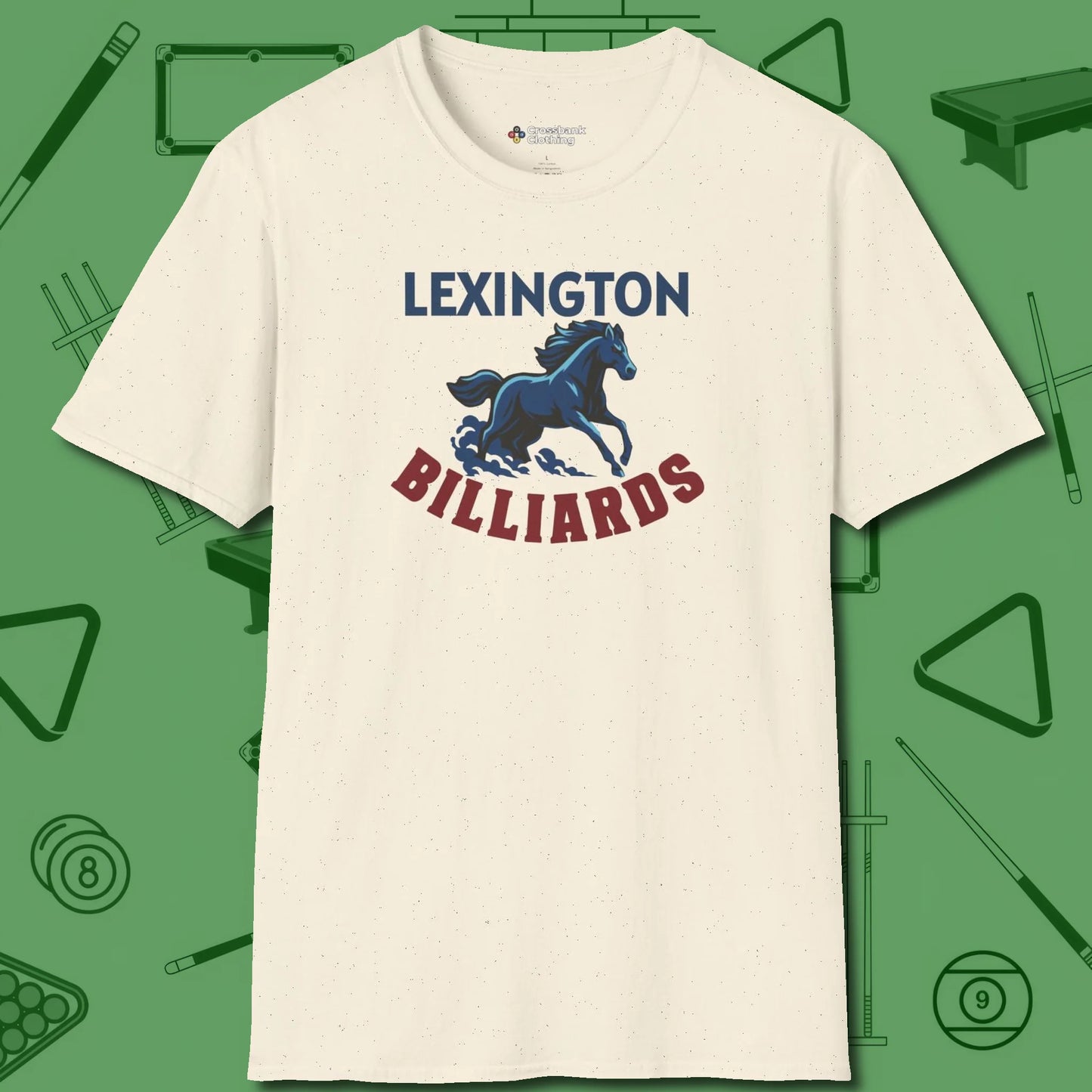 Lexington Billiards Horse T-Shirt, front view, in Natural perfect for players with quiet fire