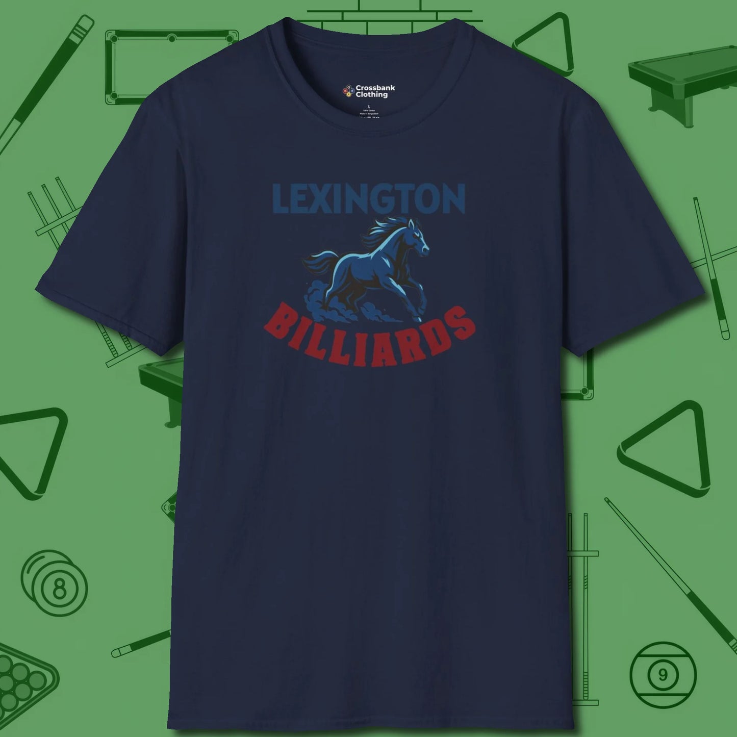 Lexington Billiards Horse T-Shirt, front view, in Navy for players who live the game
