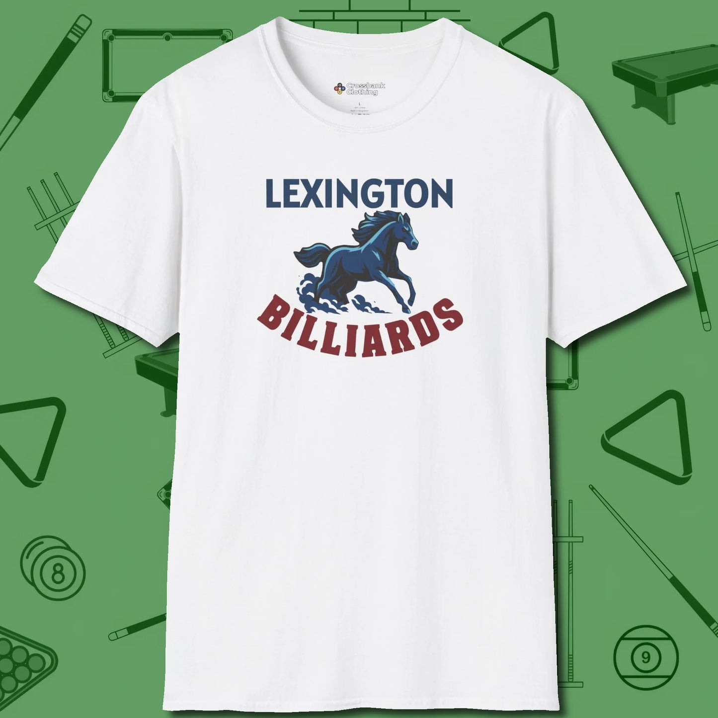 Lexington Billiards Horse T-Shirt, front view, in White make every shot — and outfit — count