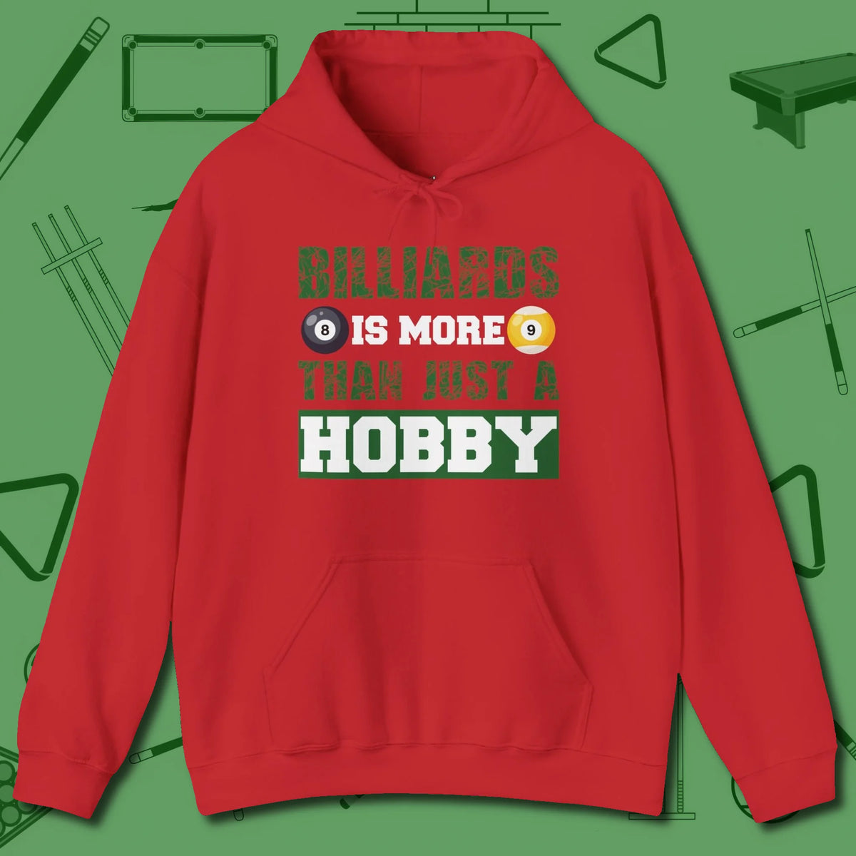 More Than A Hobby Hoodie, front view, in Red break, run out, turn heads — repeat