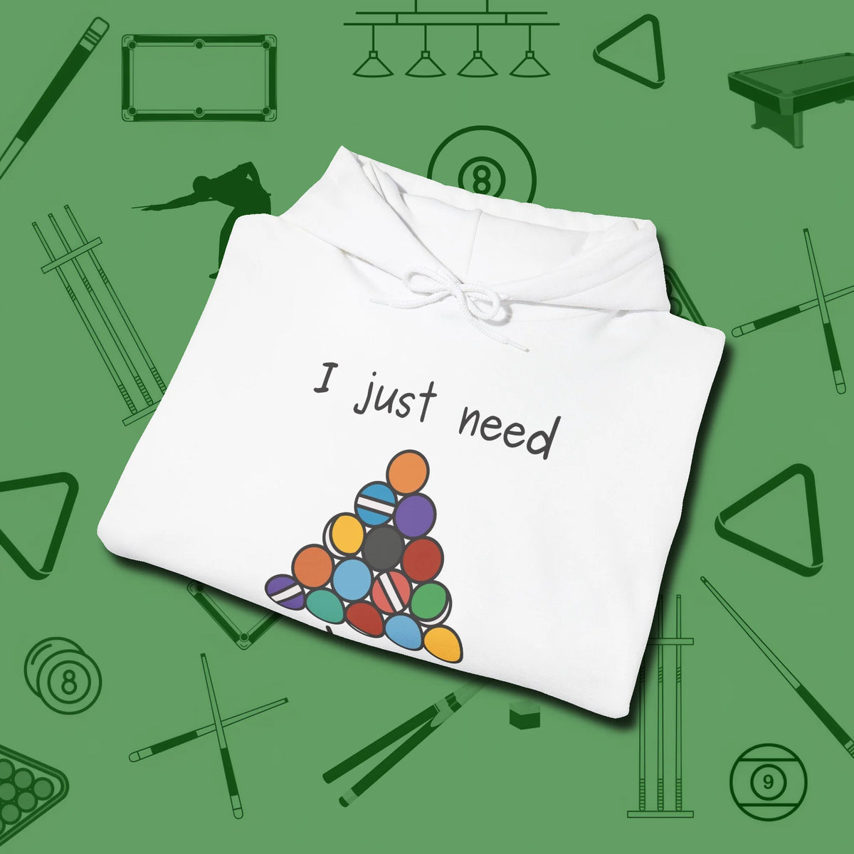 Need A Break Eight Ball Hoodie, folded view, in White as serious as your stroke