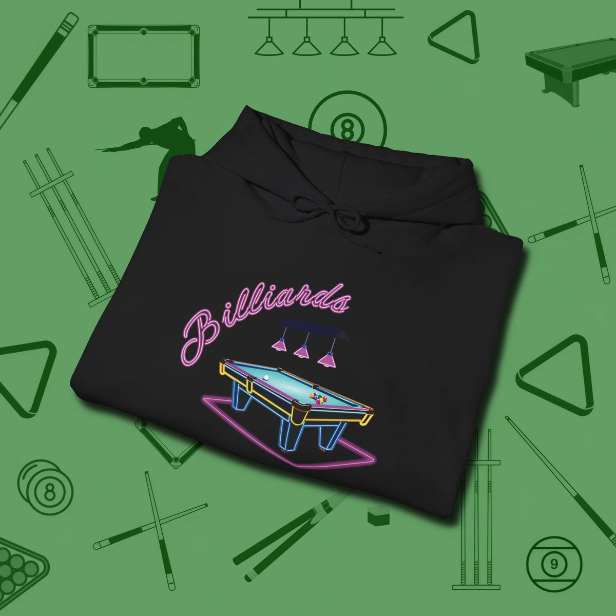 Neon Dream Billiards Hoodie, folded view, in Black ideal for clean hits and clean fits