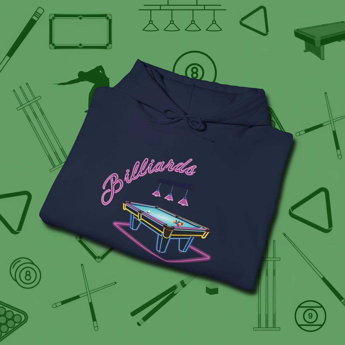 Neon Dream Billiards Hoodie, folded view, in Navy perfect for players with quiet fire
