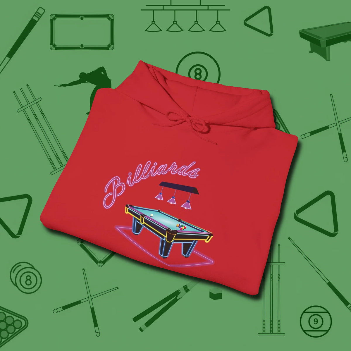 Neon Dream Billiards Hoodie, folded view, in Red because pool isn’t just a game — it’s who you are