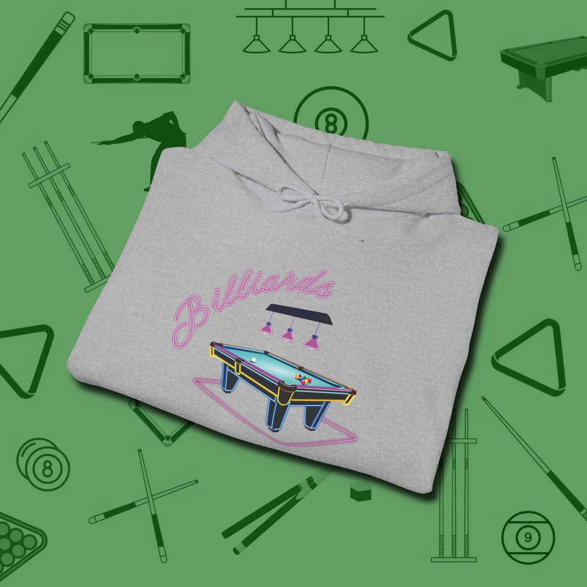 Neon Dream Billiards Hoodie, folded view, in Sport Grey earns respect before the first shot