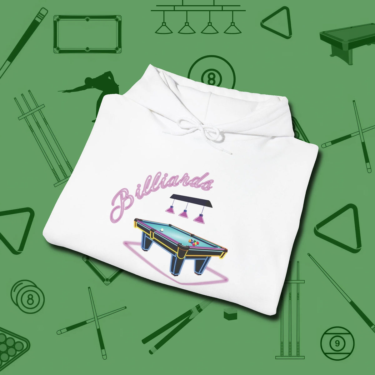 Neon Dream Billiards Hoodie, folded view, in White styled to dominate from rack to run-out