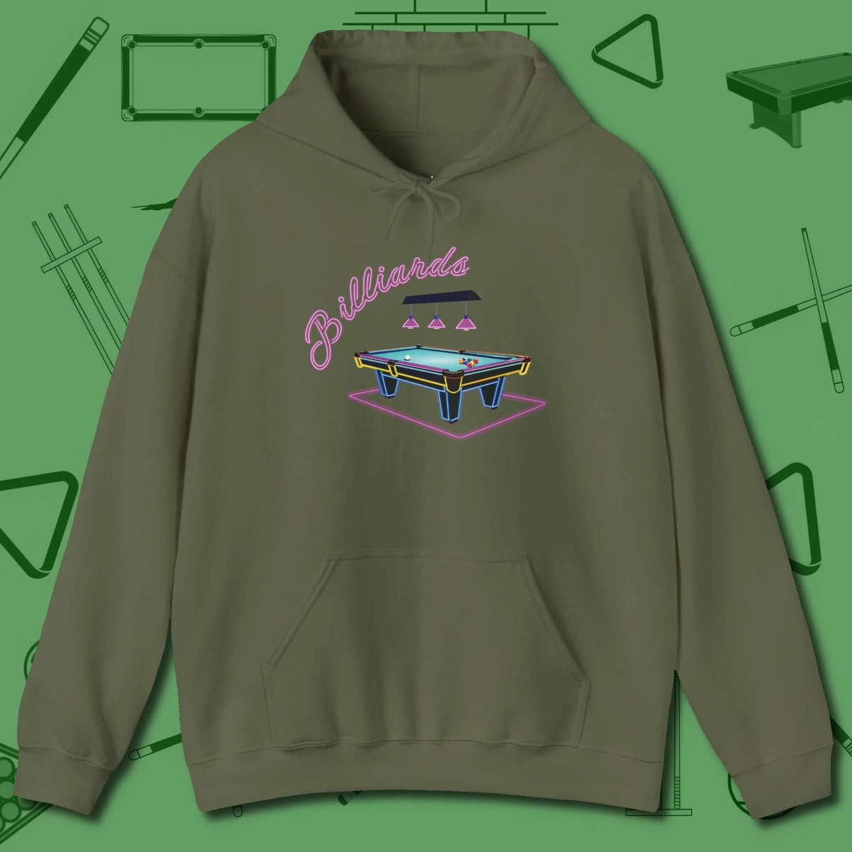 Neon Dream Billiards Hoodie, front view, in Military Green from chalk to clutch, look the part
