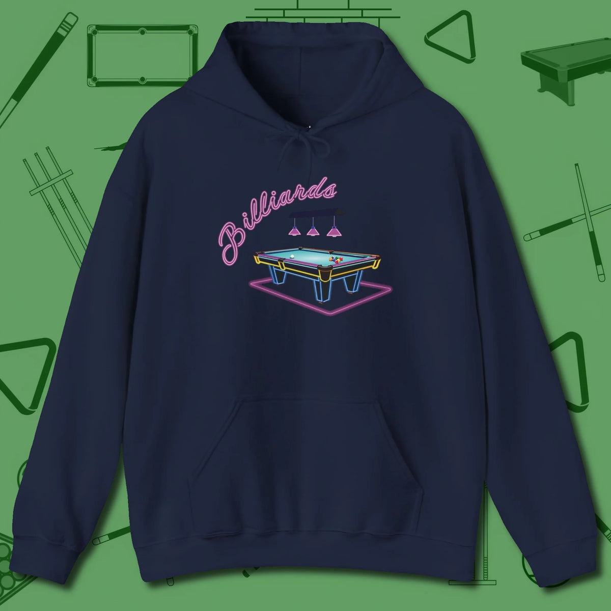 Neon Dream Billiards Hoodie, front view, in Navy ideal for clean hits and clean fits