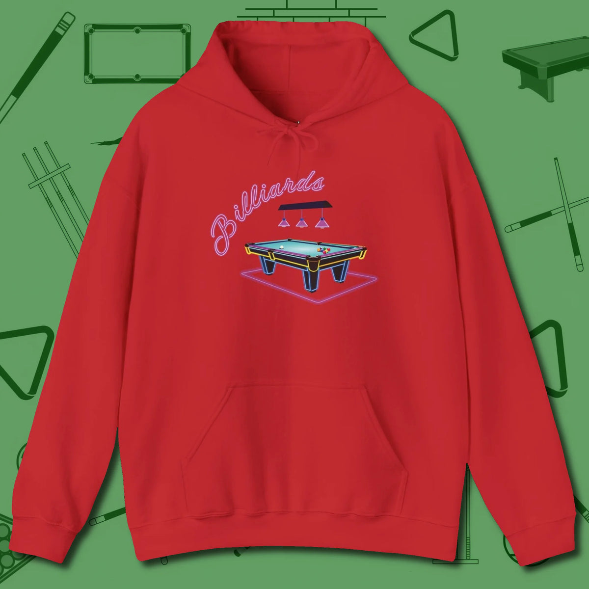Neon Dream Billiards Hoodie, front view, in Red an extension of your pool persona