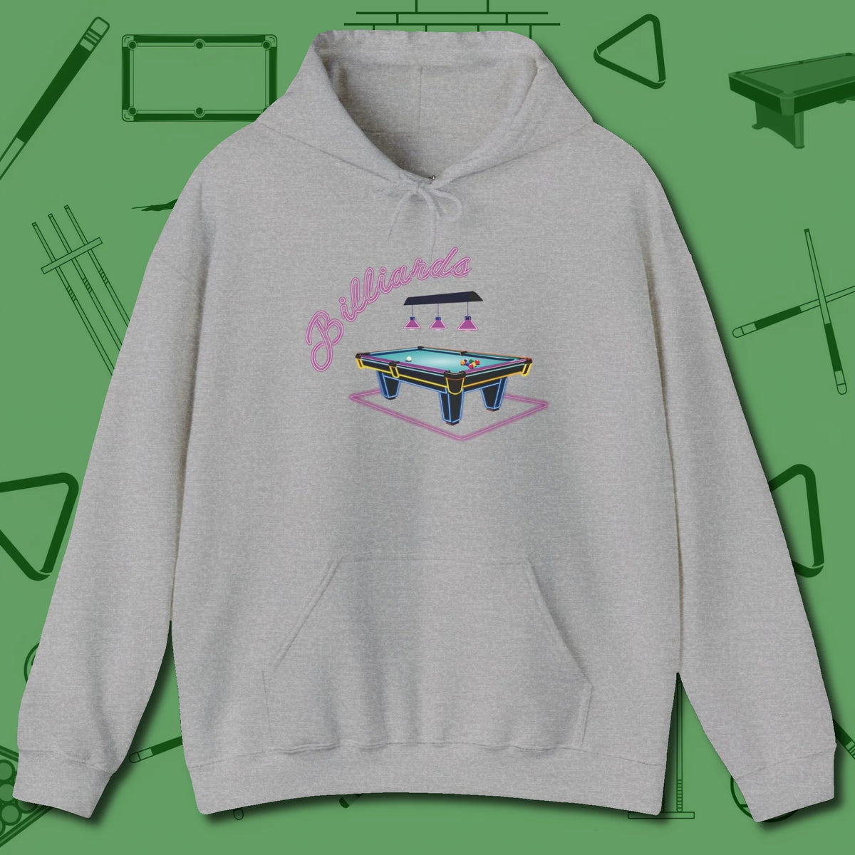 Neon Dream Billiards Hoodie, front view, in Sport Grey smart enough for the felt and the street