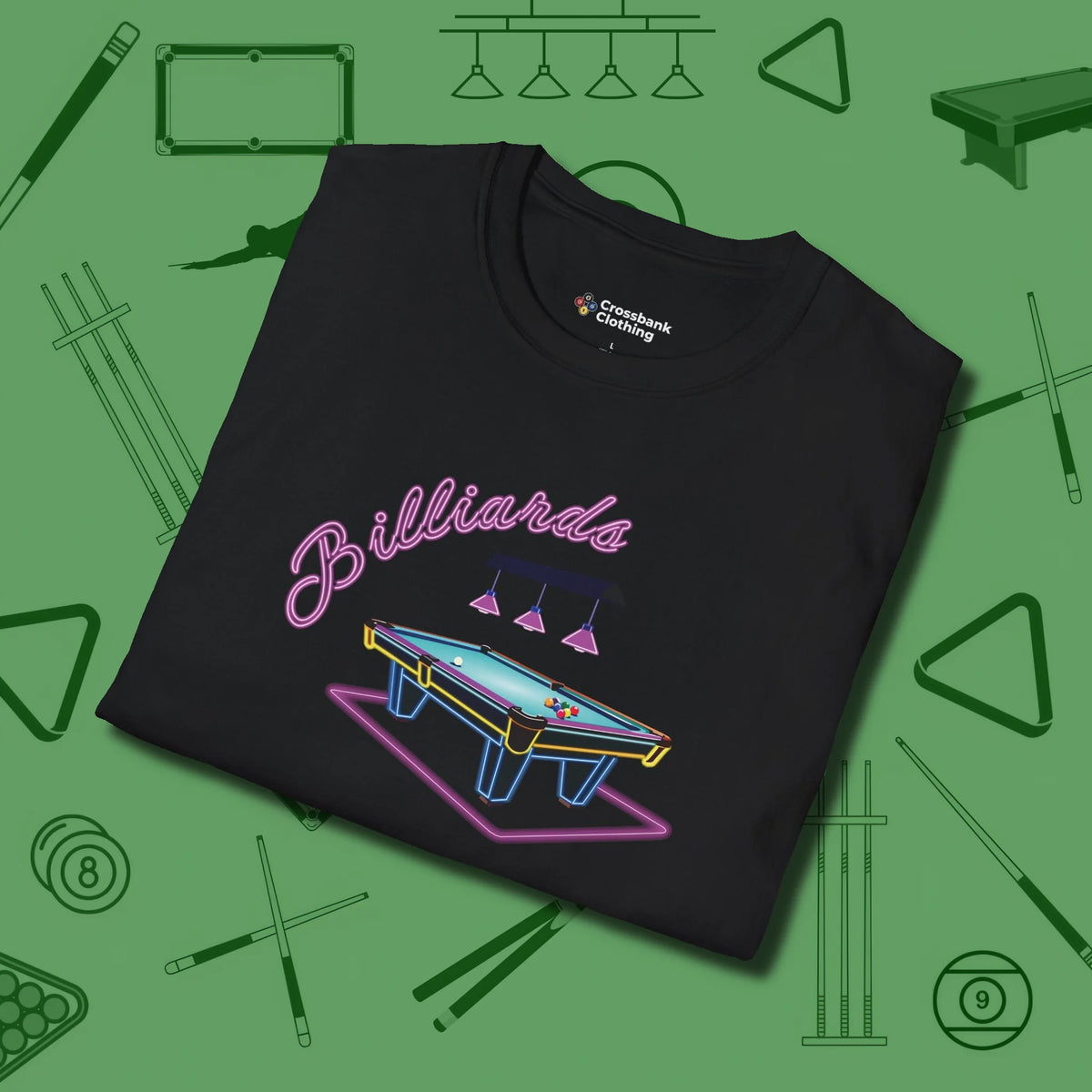 Neon Dream Billiards T-Shirt, folded view, in Black break, run out, turn heads — repeat