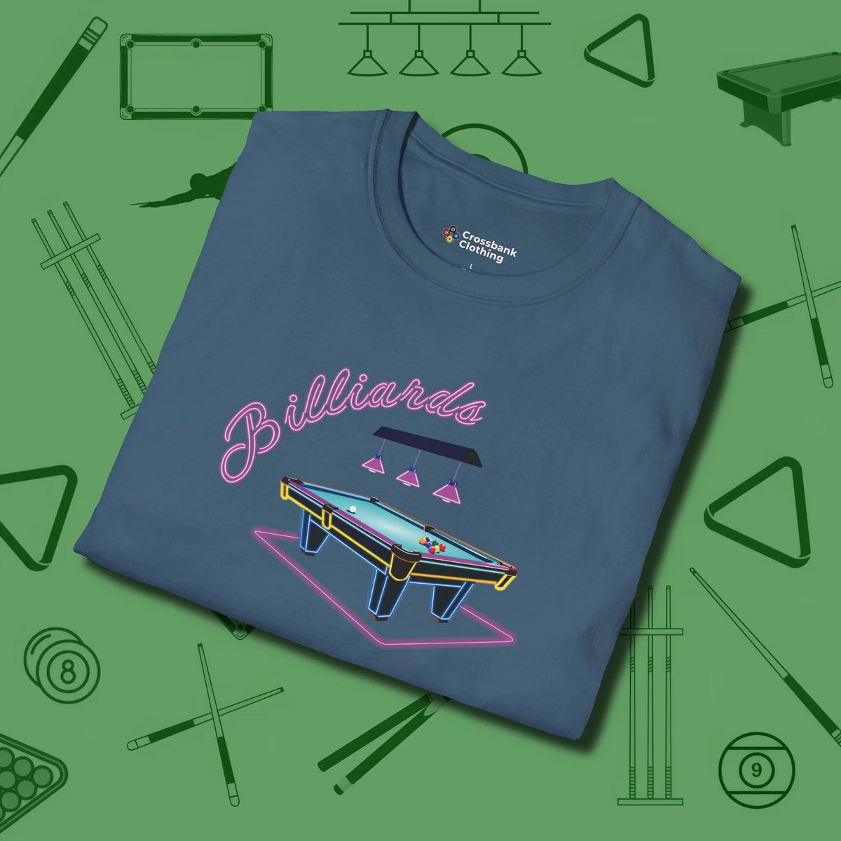 Neon Dream Billiards T-Shirt, folded view, in Indigo Blue for shooters who dress like they play: sharp