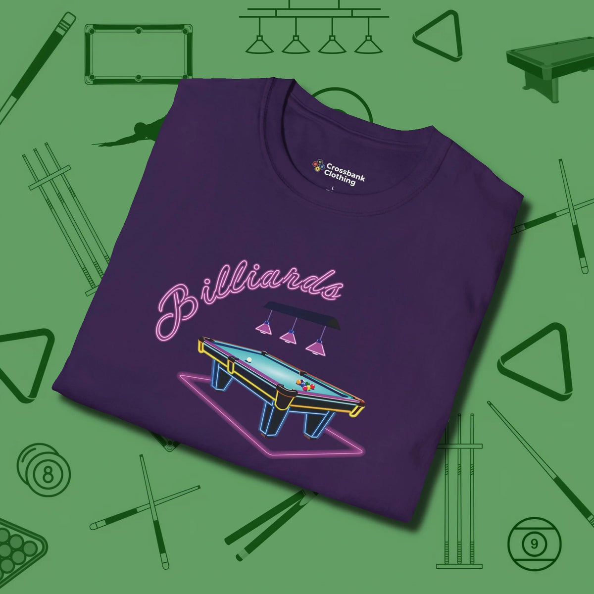 Neon Dream Billiards T-Shirt, folded view, in Navy earns respect before the first shot