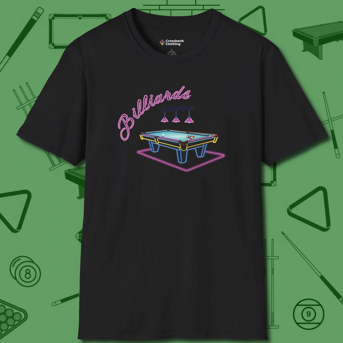 Neon Dream Billiards T-Shirt, front view, in Black as serious as your stroke