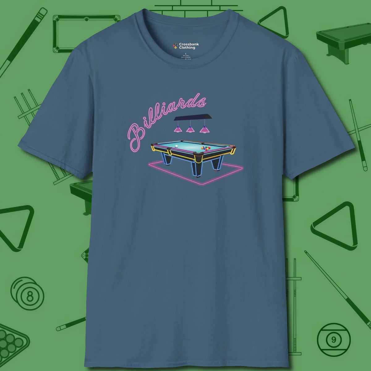 Neon Dream Billiards T-Shirt, front view, in Indigo Blue cool under pressure, hot on the eyes