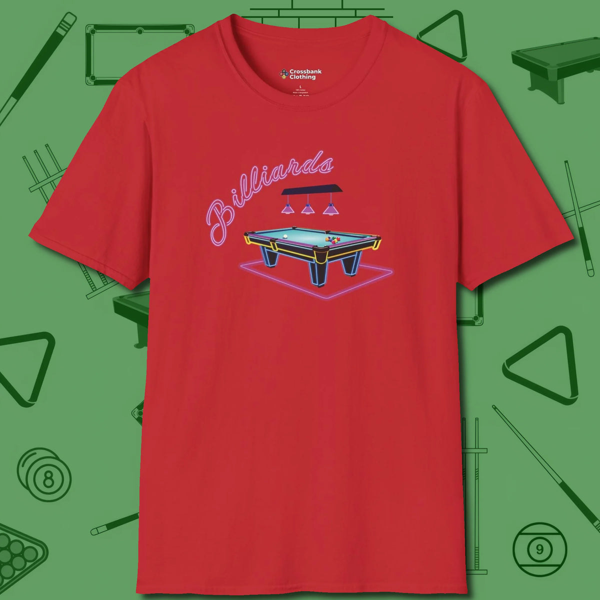 Neon Dream Billiards T-Shirt, front view, in Red strike fear with swagger and precision