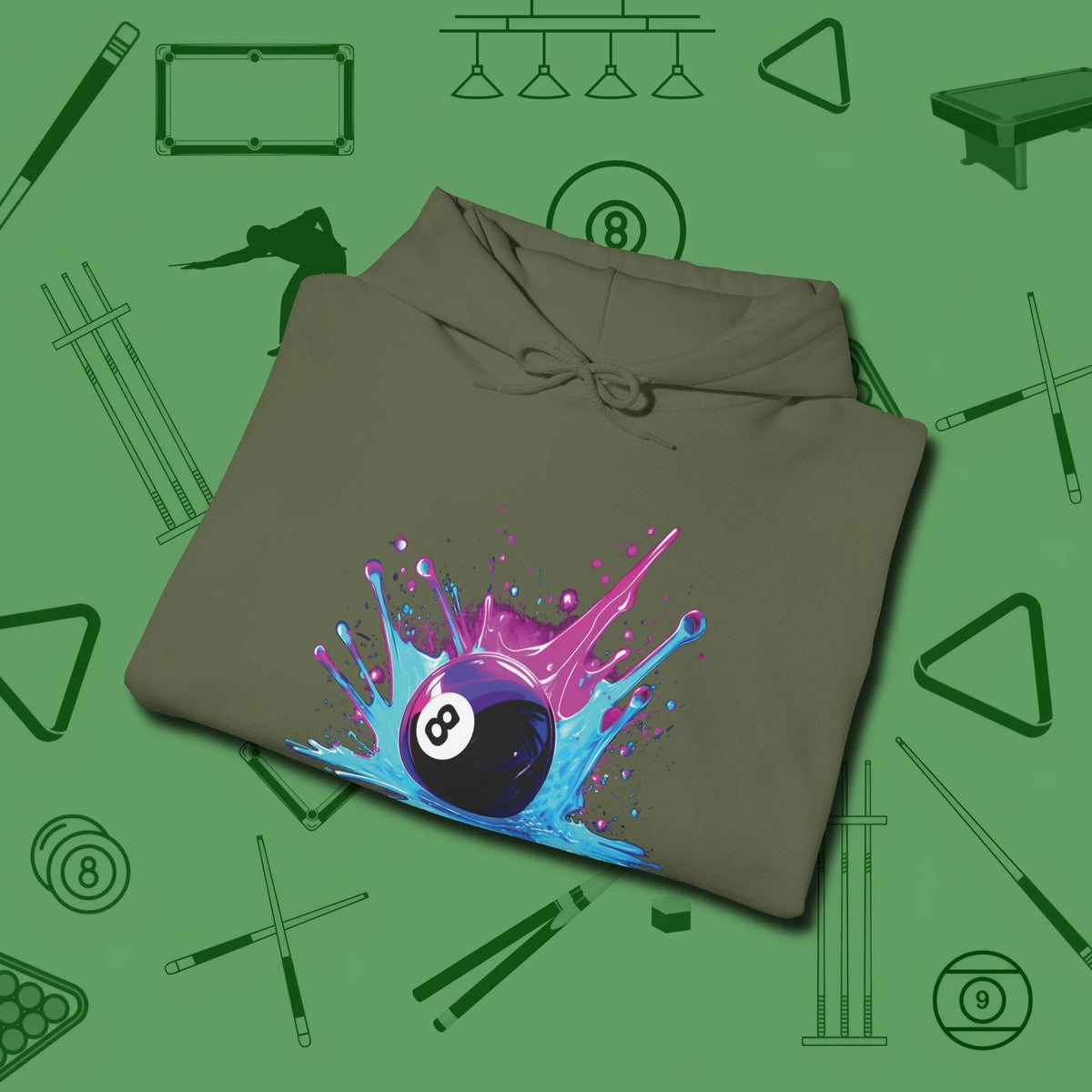 Neon Splash Eight Ball Hoodie, folded view, in Military Green like your stroke — smooth and deliberate