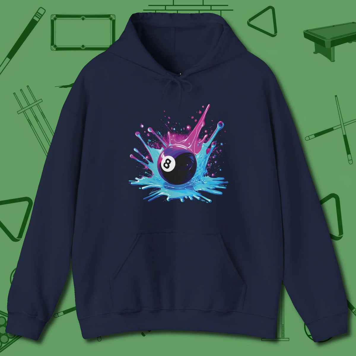 Neon Splash Eight Ball Hoodie, front view, in Navy clean lines for dirty minds