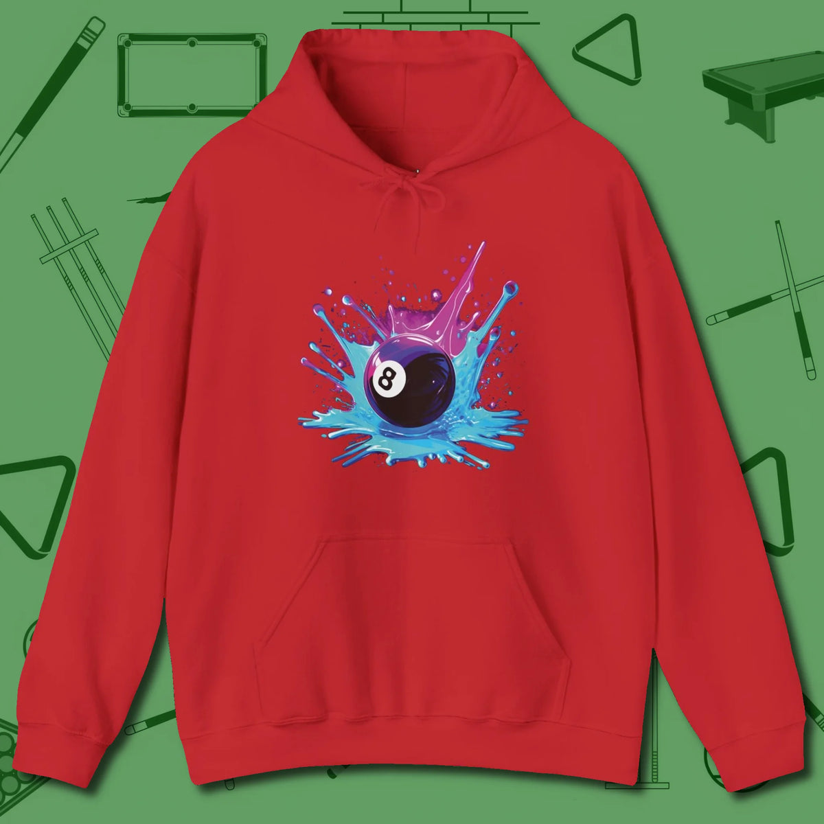 Neon Splash Eight Ball Hoodie, front view, in Red from chalk to clutch, look the part