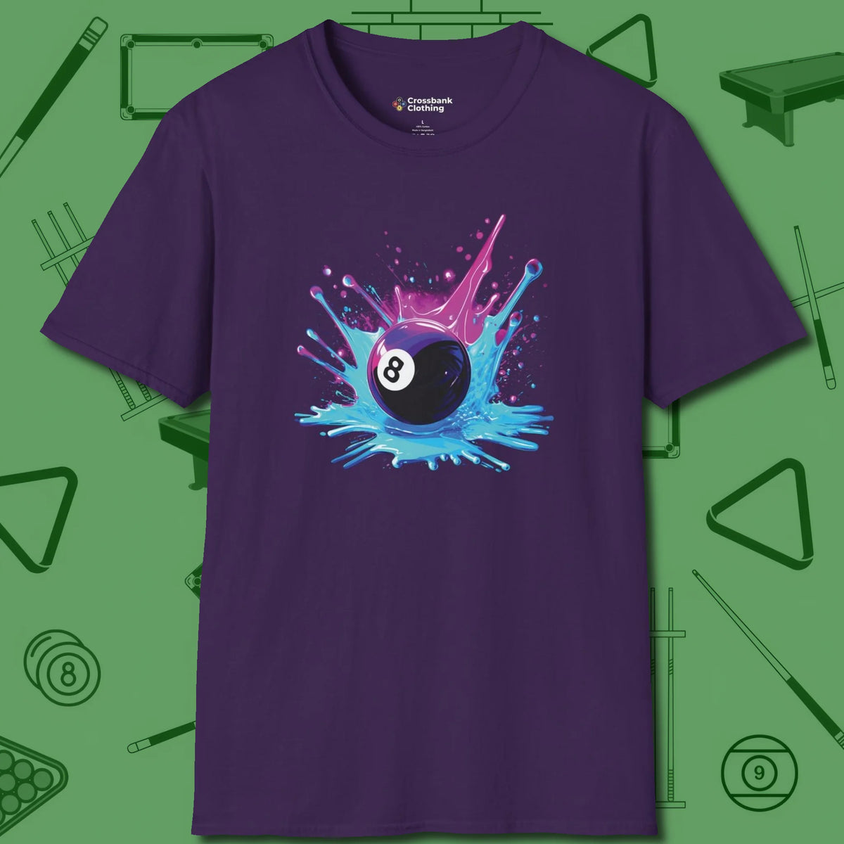 Neon Splash Eight Ball T-Shirt, front view, in Purple strike fear with swagger and precision