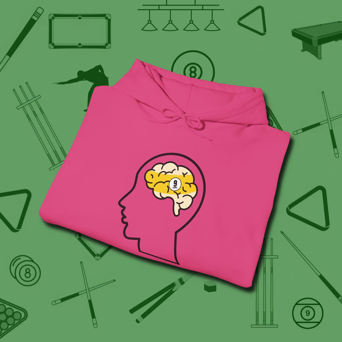 Nine Ball Brain Hoodie, folded view, in Heliconia made for pool sharks, not posers