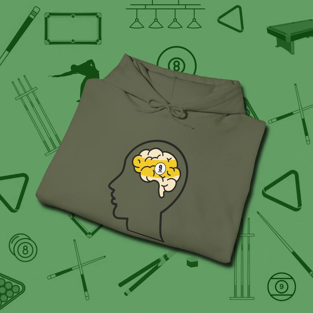 Nine Ball Brain Hoodie, folded view, in Military Green styled to dominate from rack to run-out
