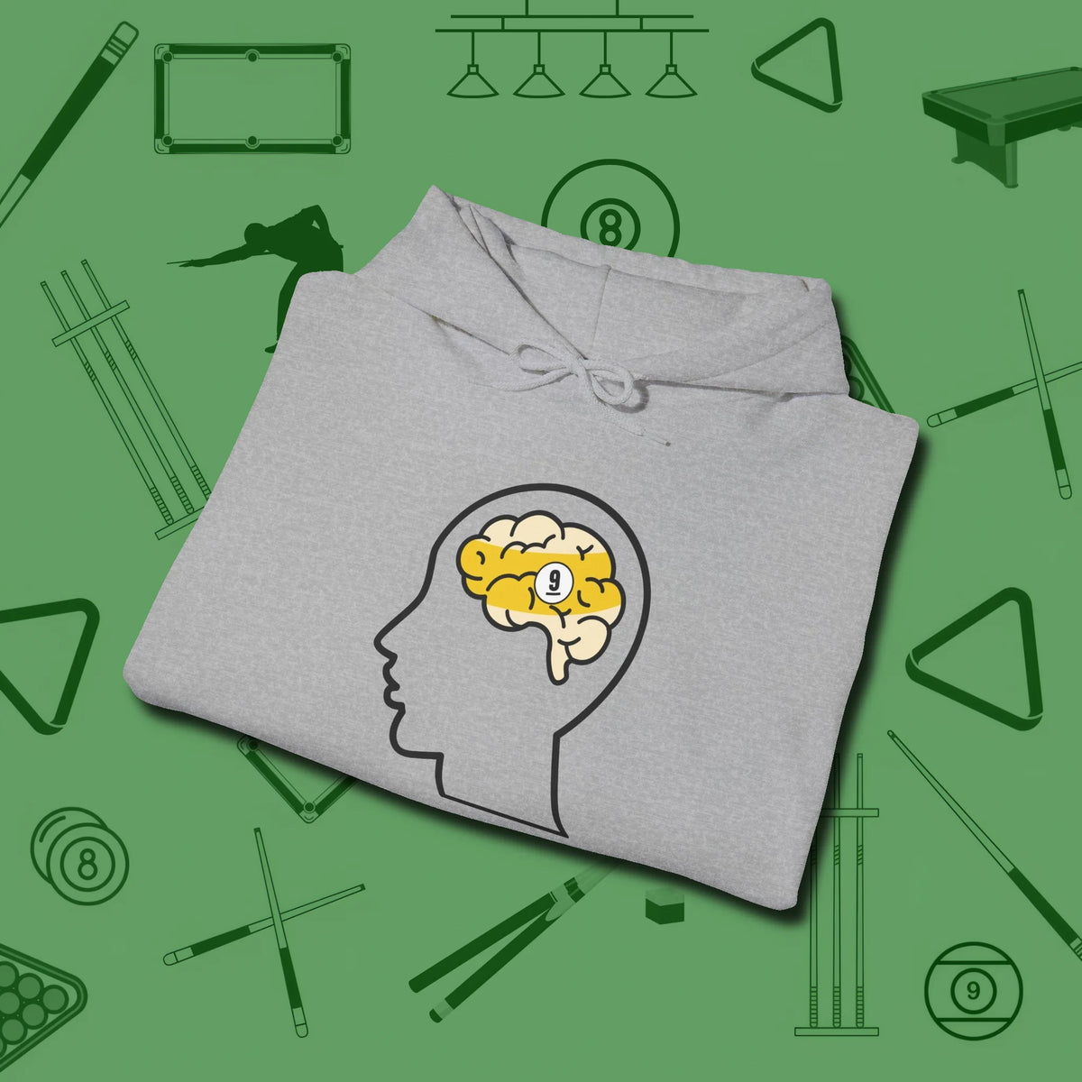 Nine Ball Brain Hoodie, folded view, in Sport Grey for players who live the game
