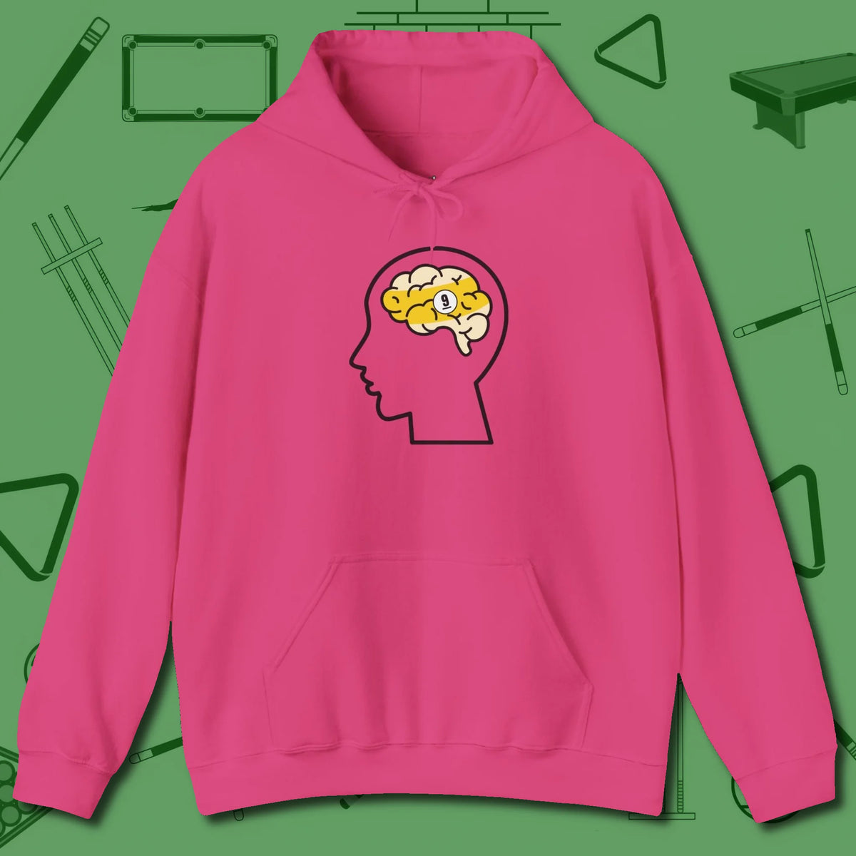 Nine Ball Brain Hoodie, front view, in Heliconia where cue control meets personal style