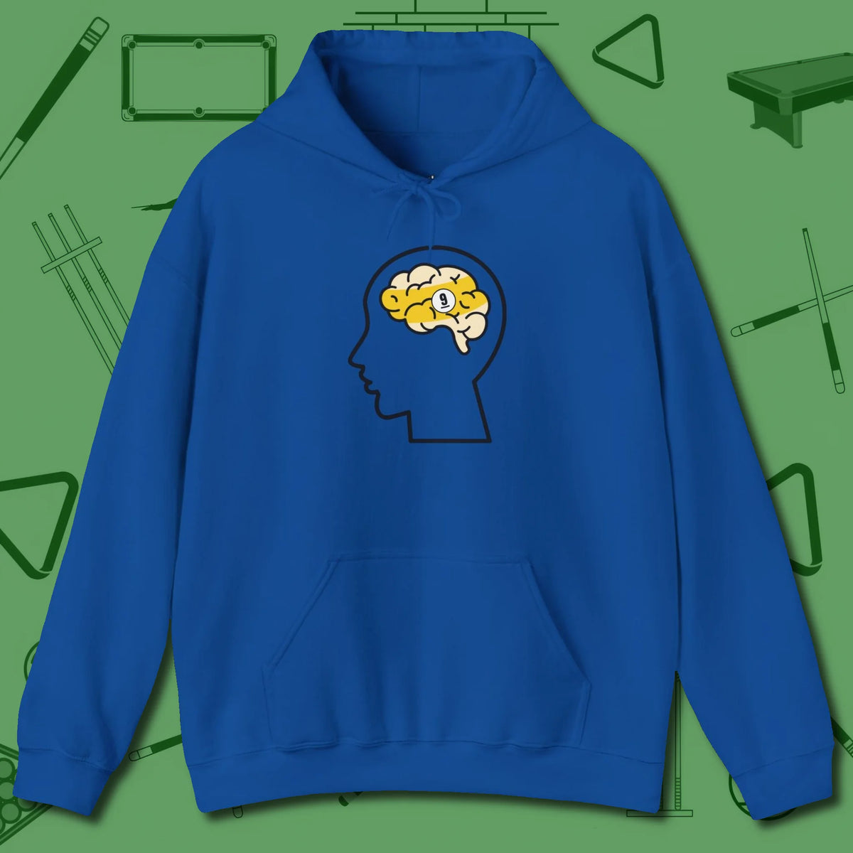 Nine Ball Brain Hoodie, front view, in Royal cue sports swagger done right