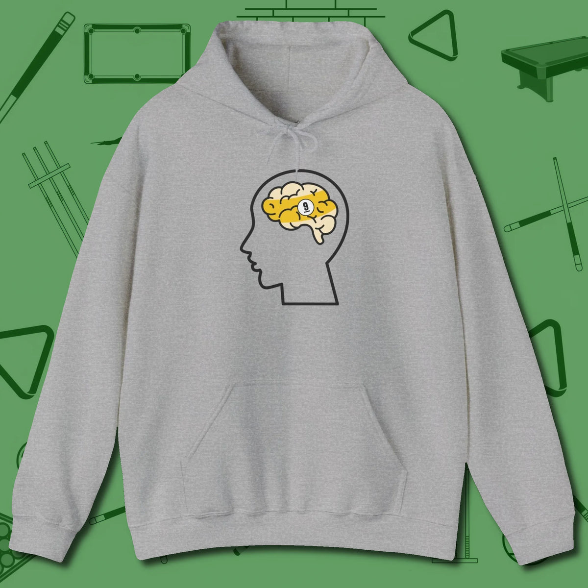 Nine Ball Brain Hoodie, front view, in Sport Grey play in style, win in silence
