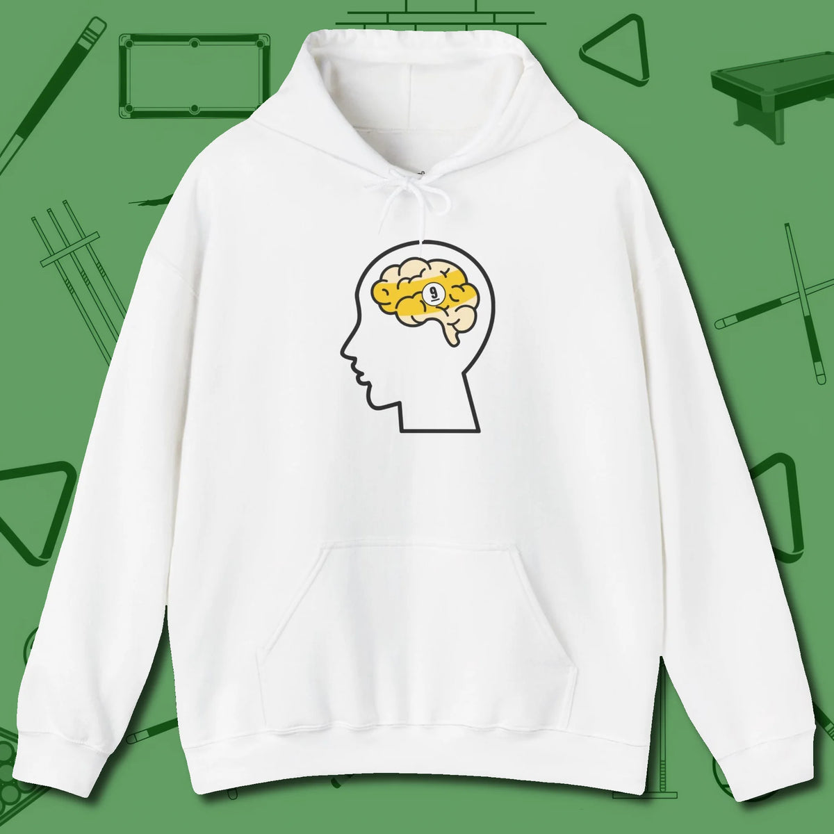 Nine Ball Brain Hoodie, front view, in White play in style, win in silence