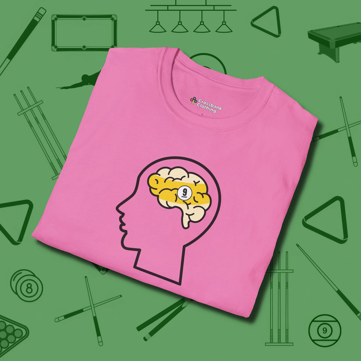 Nine Ball Brain T-Shirt, folded view, in Azalea stitched for cue discipline and cool confidence