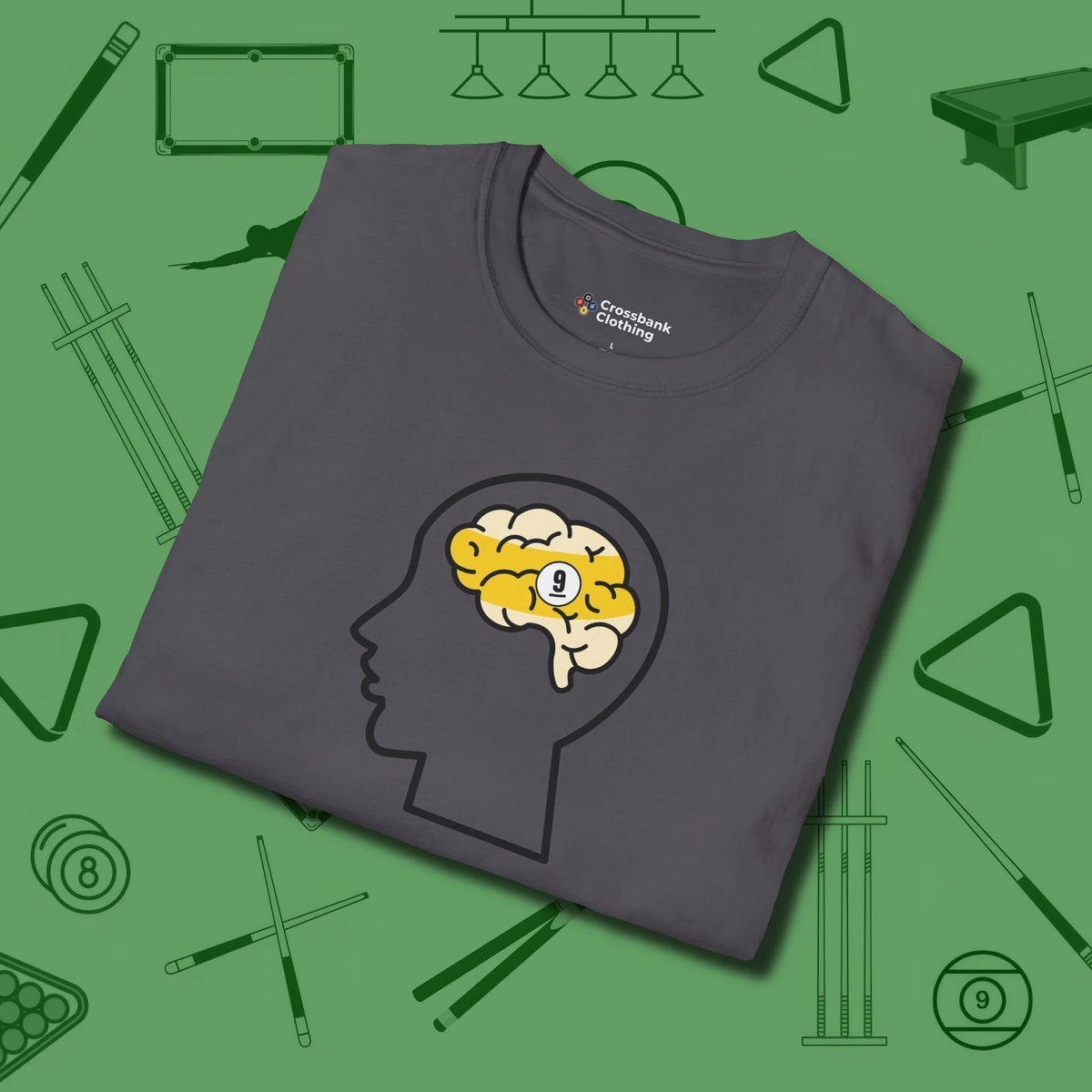 Nine Ball Brain T-Shirt, folded view, in Charcoal because the table is your battlefield