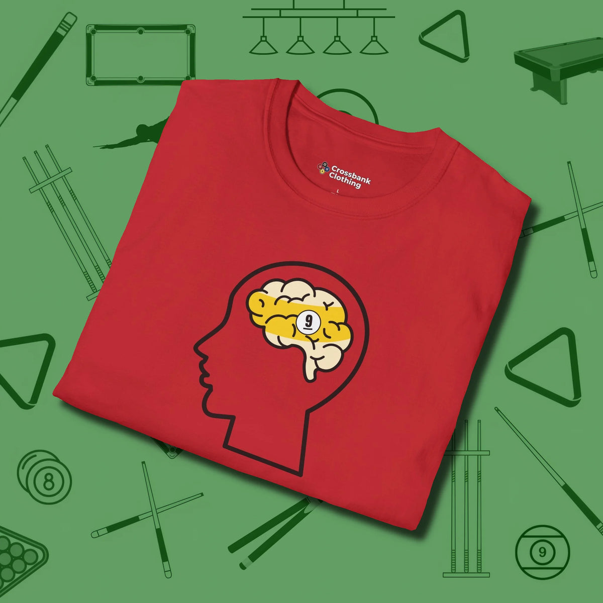 Nine Ball Brain T-Shirt, folded view, in Red strike fear with swagger and precision
