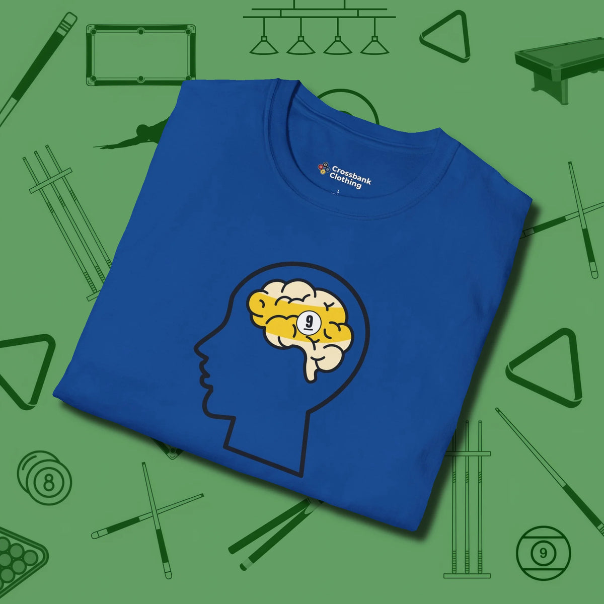Nine Ball Brain T-Shirt, folded view, in Royal look good while calling your pocket