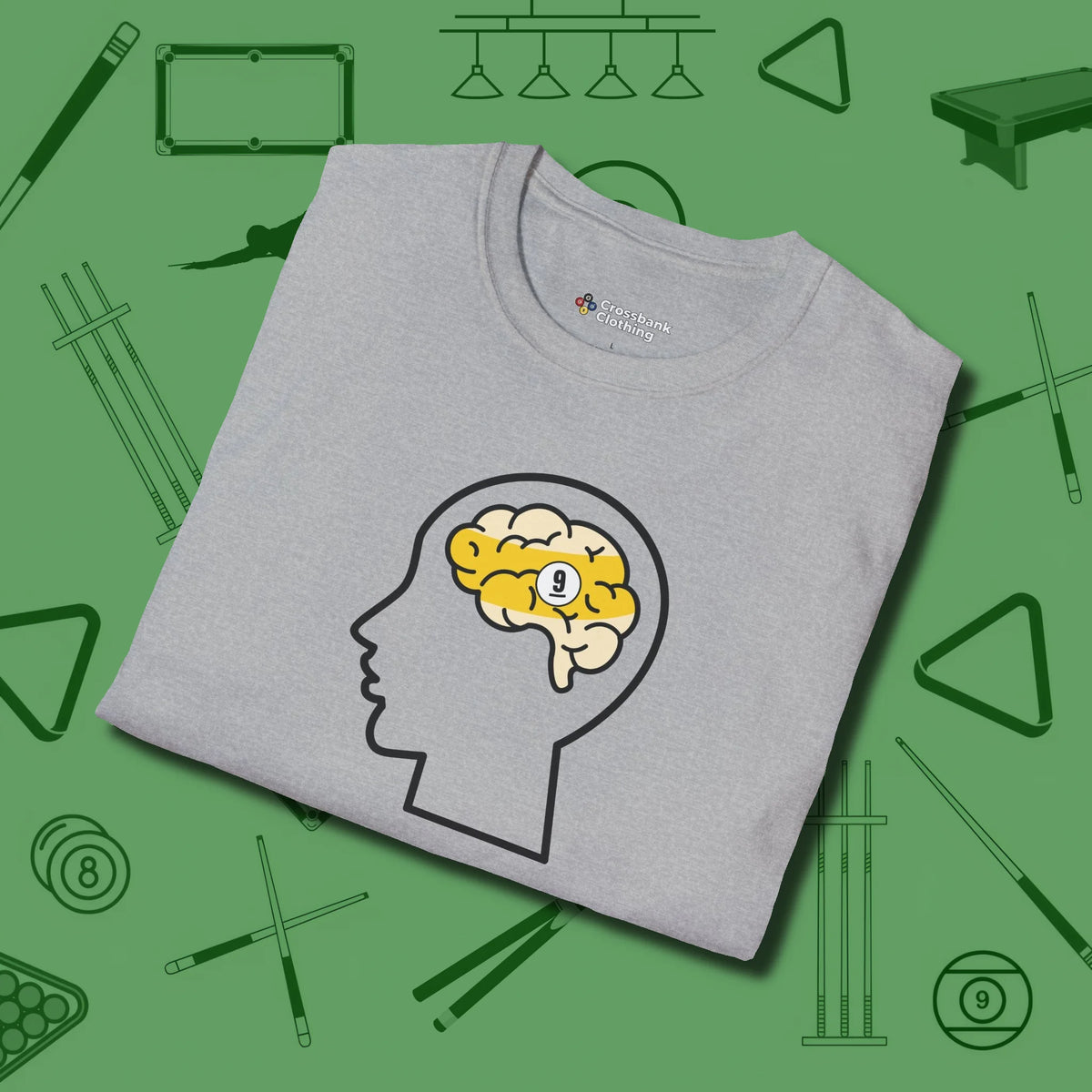 Nine Ball Brain T-Shirt, folded view, in Sport Grey poolroom style with tournament attitude