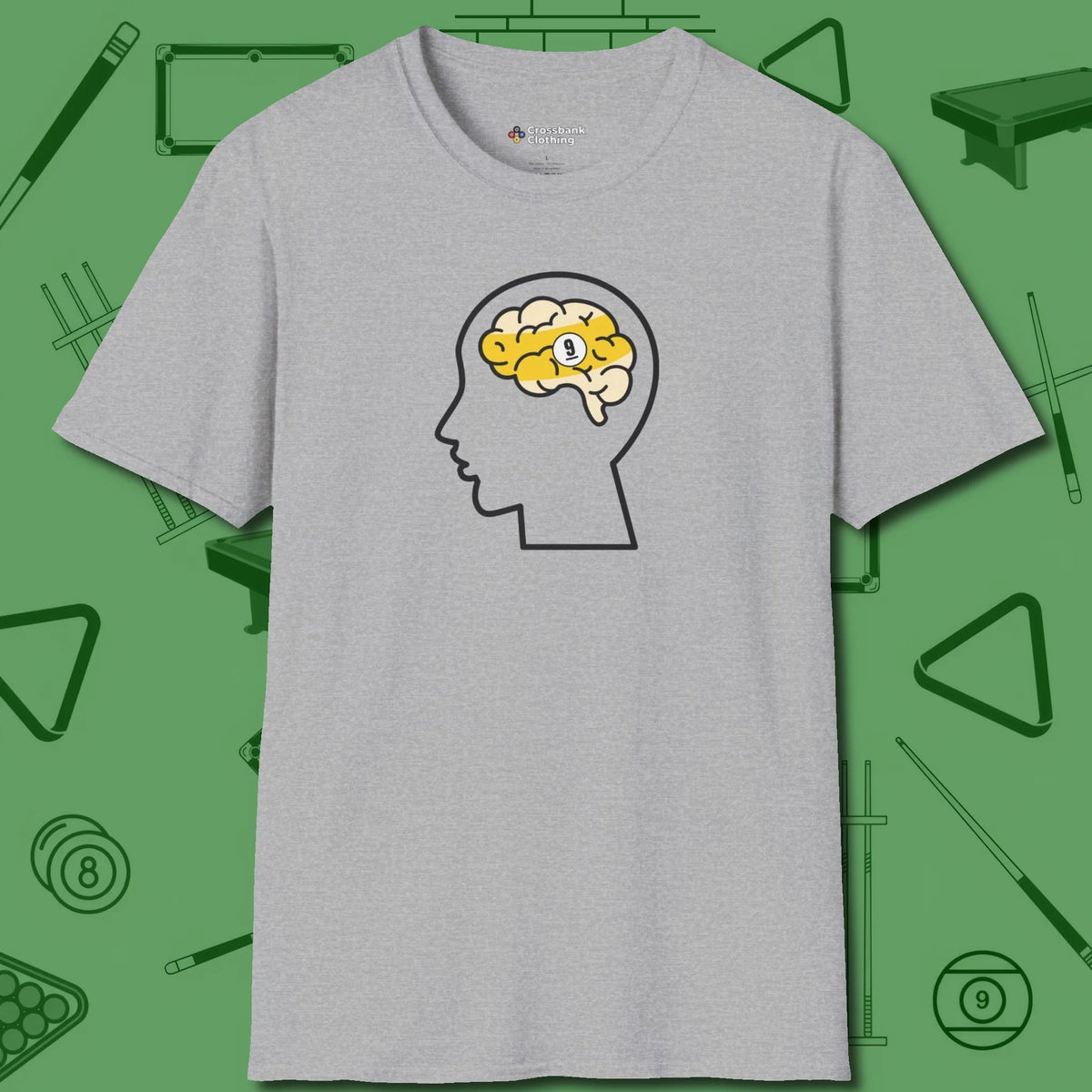 Nine Ball Brain T-Shirt, front view, in Sport Grey make every shot — and outfit — count