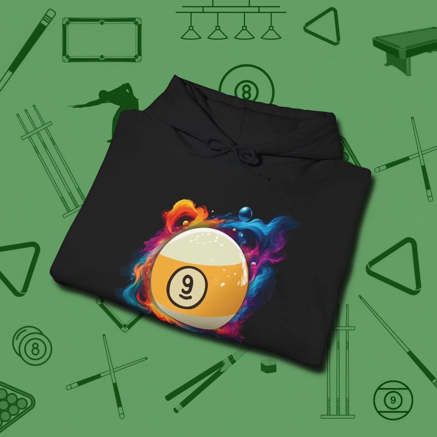 Nine Ball Cosmic Swirl Hoodie, folded view, in Black an extension of your pool persona