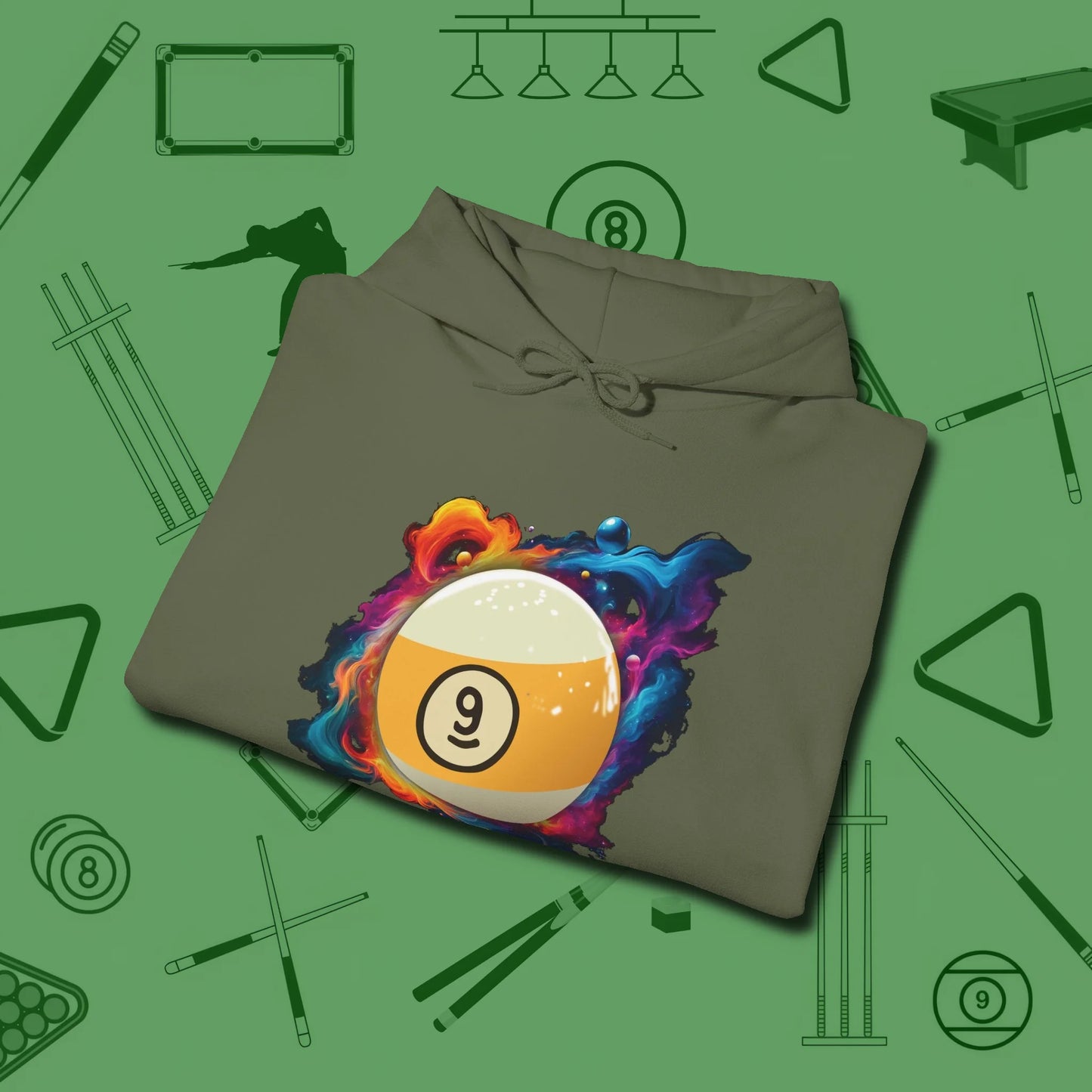 Nine Ball Cosmic Swirl Hoodie, folded view, in Military Green because you don’t just play — you represent