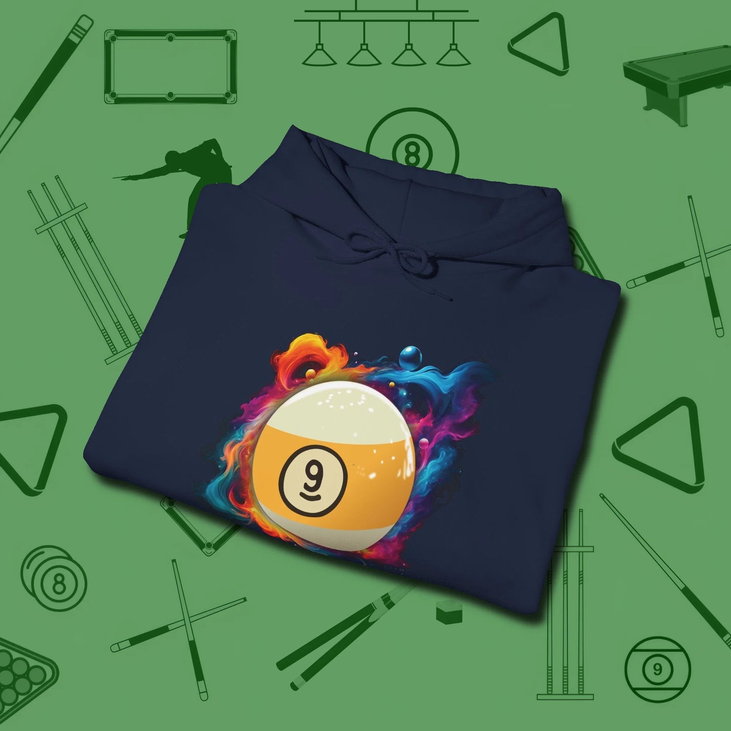 Nine Ball Cosmic Swirl Hoodie, folded view, in Navy where style and cue discipline collide